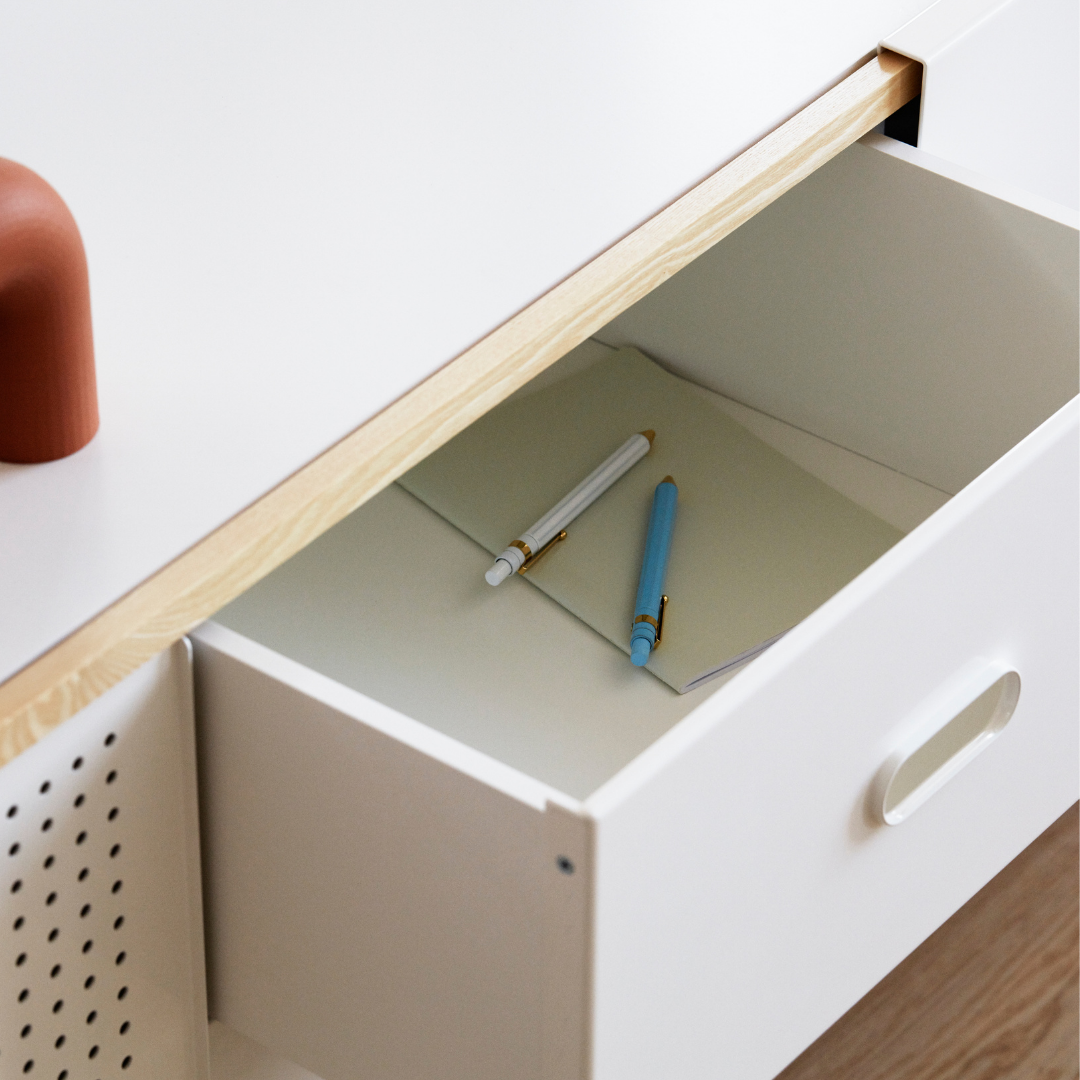 The Kabino Sideboard with Drawers by Normann Copenhagen was designed by Simon Legald as a simple yet stylish storage solution that has careful details added in for a unique look.