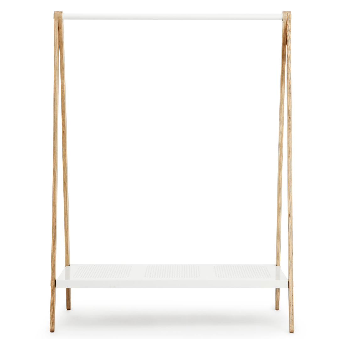 The Toj Clothes Rack is sure to be your favorite storage accessory. Designed by Simon Legald for Normann Copenhagen, this piece combines industrial style with simple and thoughtful design. We adore the clean lines from the metal shelf and trusses which makes it durable, while the wooden structure provides a softer feel, optimal for the bedroom or guest room. 